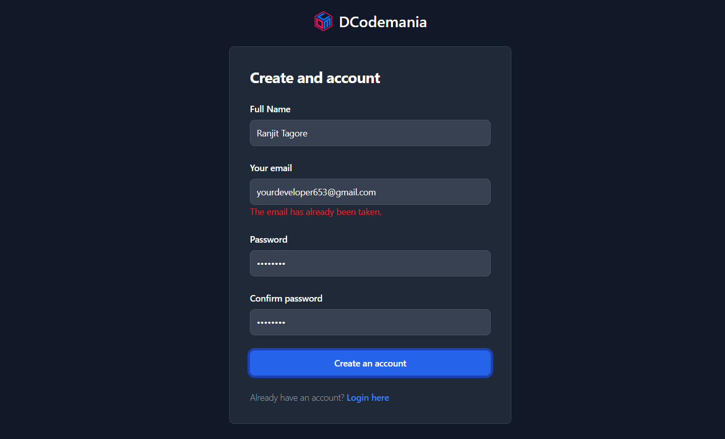 Register Page with Validation Error Message