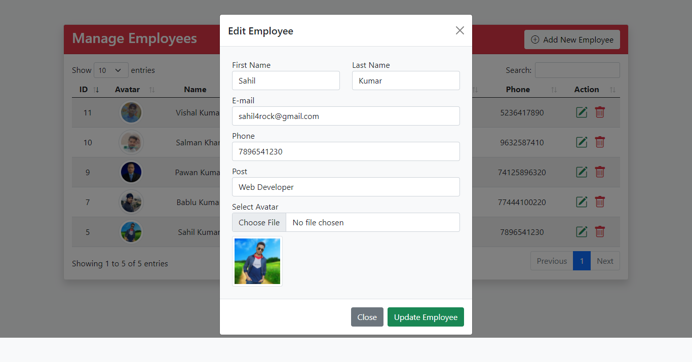 CRUD Application With Image Upload Using Laravel 8, jQuery - Ajax, SweetAlert & DataTable